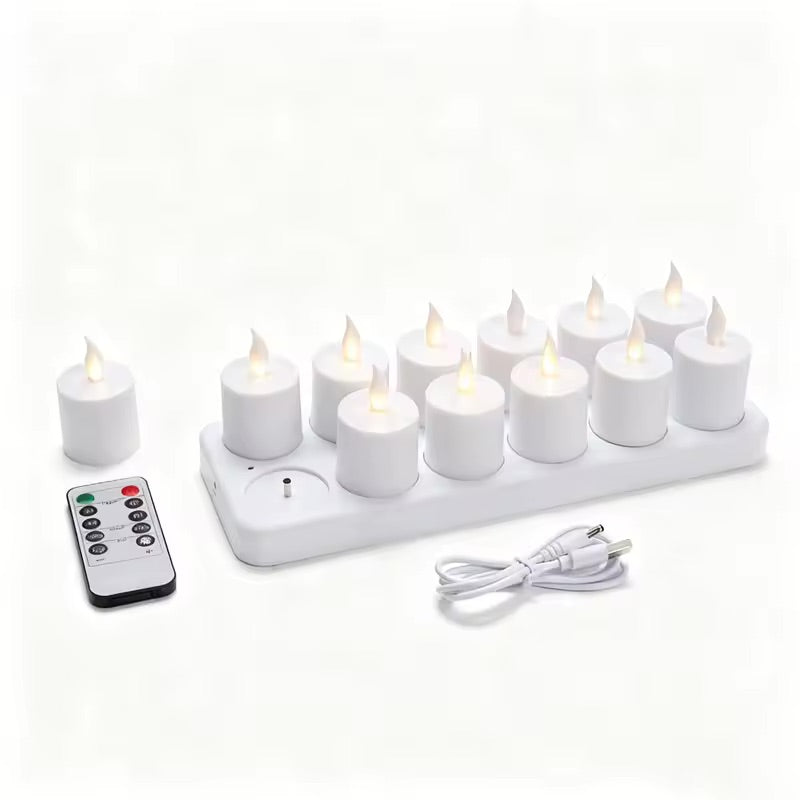 Rechargeable flameless LED candle set with charging base, remote control, and USB cable