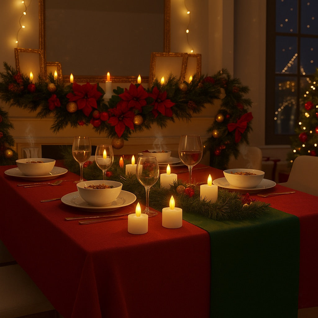 Warm LED candles creating cozy holiday ambiance on a Christmas dinner table with red and green décor