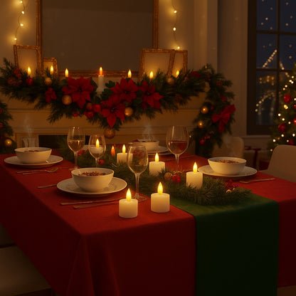 Warm LED candles creating cozy holiday ambiance on a Christmas dinner table with red and green décor