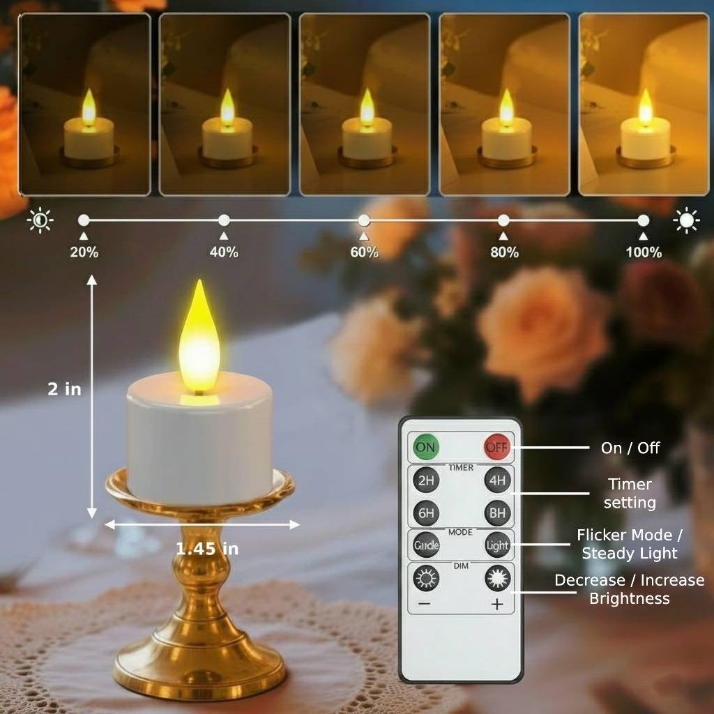 Close-up of LED candle brightness levels and remote control showing dimmer, timer, and flicker settings