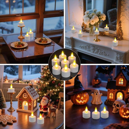 Flameless candles displayed in various festive home scenes including Christmas and Halloween decorations