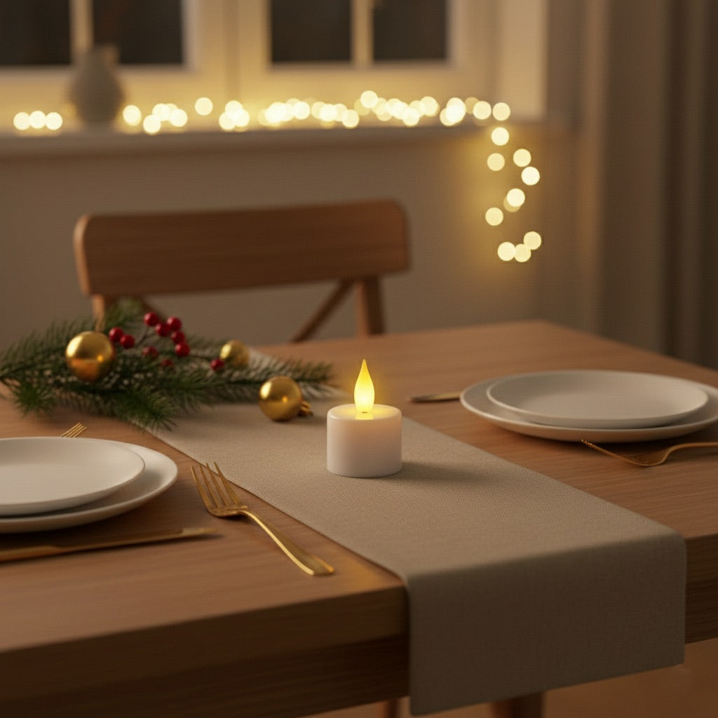 Single glowing LED candle centerpiece on an elegant holiday dinner table with gold ornaments