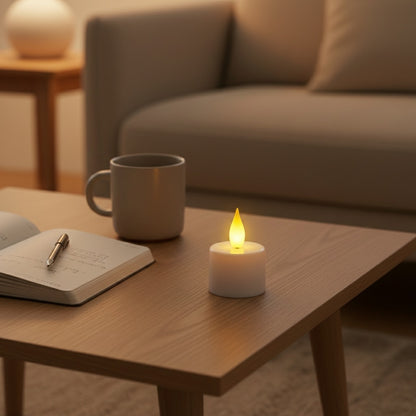 Rechargeable LED candle providing cozy light beside notebook and mug on minimalist coffee table