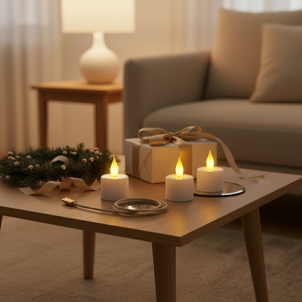 Set of flameless candles and wrapped gifts on living room coffee table with festive wreath