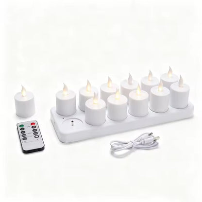 Rechargeable flameless LED candle set with charging base, remote control, and USB cable